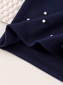 2pcs/Set Toddler Girls' Casual Pearl Decor Floral Round Neck Long Sleeve Top And Pleated Skirt Set, Spring/Autumn - Royal Blue - View 9