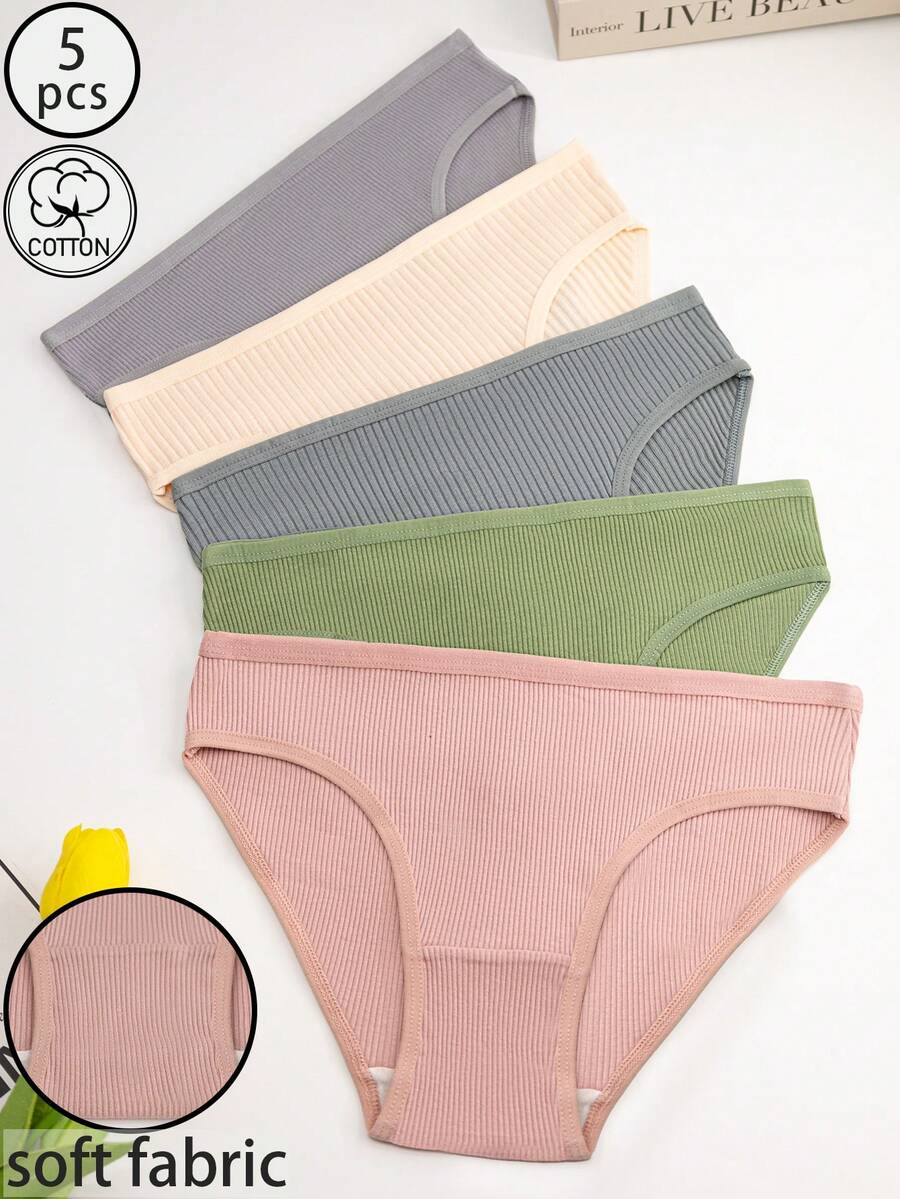 5件装女士多色罗纹中腰舒适性感内裤