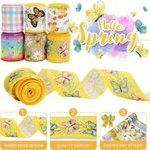 6 Rolls Colorful Butterfly & Daisy Plaid Ribbon, 2.5 Inch Width, Craft Ribbon For Spring/Summer Farmhouse Style, Gift Wrapping Bow, Sewing Floral Wreath Crafts - Multicolor - View 3