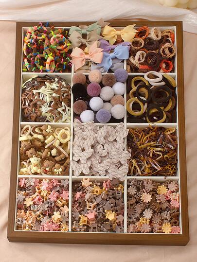 609件套可爱女孩发饰套装，包括蝴蝶结发夹、蝴蝶发夹、毛球发圈、卡通小发圈、Y2K星星BB夹、迷你爪夹和毛巾弹力发圈，适合女孩日常、派对、外出，打造甜美可爱的造型。