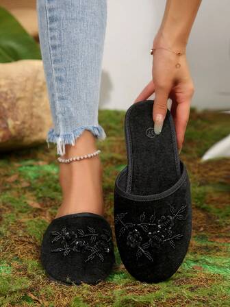 Pantuflas de mujer tipo mula negras bordadas, zapatos planos sin talón tipo slip-on bordados, uso casual elegante al aire libre, moda transpirable y cómoda