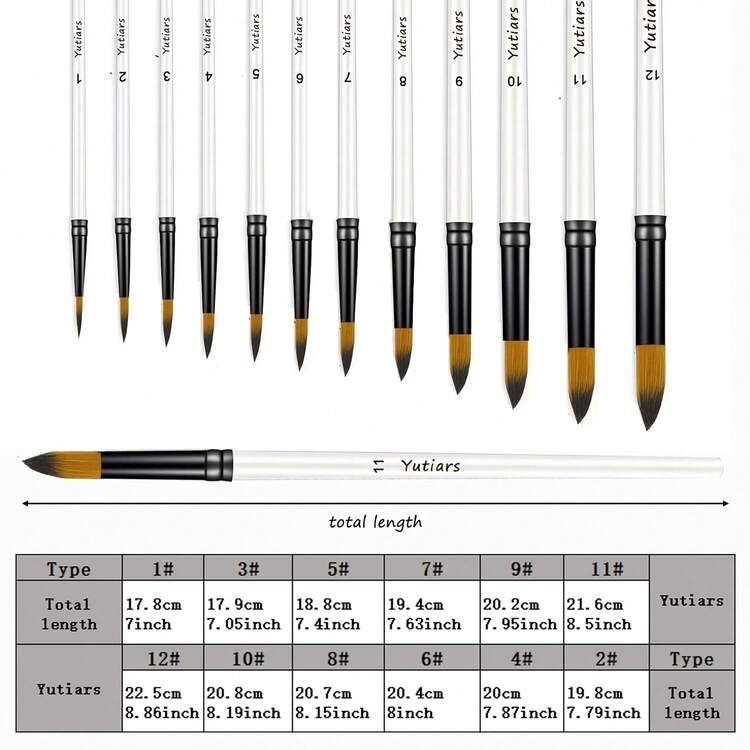12 piezas de pinceles de arte fino de mango largo, color blanco perla/negro - Unitalla - Añade 2