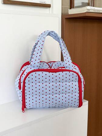 1pc Blue Background Red Heart Portable Makeup Bag, Large Capacity Handbag For Daily Makeup Accessories, Partition Storage, Travel Toiletry Bag, Essential For Home And Outdoor, Fashionable Women Bag Make Up Bag Makeup Pouch Cosmetic Bag Wash Bag Travel Essential Cruise Essentials Vacation Essentials For Men Women