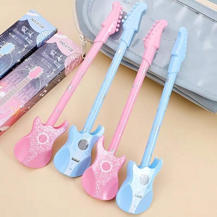 1支吉他造型自动铅笔 | 符合人体工学设计，饰有星形和音符图案，速干墨水，耐用塑料材质，附赠便携笔盒 | 适用于学校、办公室、艺术项目 - 色彩鲜艳，书写流畅，创意文具 - 黑色 - 查看 1