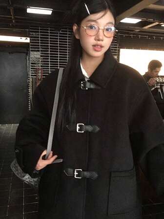 Women's Solid Color Turndown Collar Long Sleeve Fitted Casual Wool Coat, Autumn/Winter