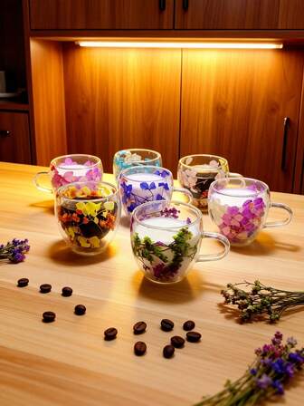 1pc And 6pcs 80ml Coffee Cups With Handles, Flower-Filled Glasses. For Espresso, Cappuccino, Milk And Tea. Perfect For Christmas, Birthdays, Valentine's Day, Kitchen Supplies, Coffee Machine Supplies