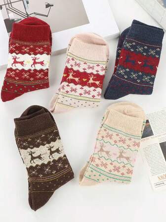 5双装羊毛混纺柔软舒适圣诞鹿提花中筒袜，女士款，秋冬季