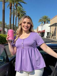 方领纯色前开襟宽松大码休闲上衣，适合春夏穿着 - 紫丁香色 - 查看 1