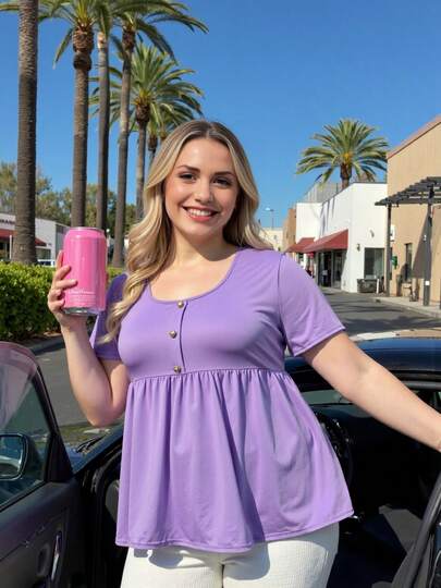 方领纯色前开襟宽松大码休闲上衣，适合春夏穿着