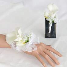 White Wrist Corsage And Boutonniere Set, Calla Lily Corsage Hand For Women, Boutonniere For Men Wedding Flowers Accessories Prom Decor Party Suit Decoration - White - View 13