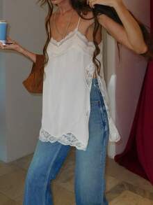 Women Y2k Lace Patchwork Satin Camisole Tops Chiffon Split Sleeveless Spaghetti Strap Tank Tops Flowy Silky Layering Tops Going Out Dress Shirt Camisoles Streetwear Aesthetic Clothes - 白色 - 查看 9