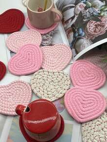 4pcs Heart Shaped Coasters, Handmade Woven Heart Coasters, Pink Coasters, Cute Heat Insulation Placemats, Suitable For New Year And Valentine's Day, Table Mats, Home Decor, Non-Slip Absorbent Drink Coasters, Applicable For Home, Restaurant, Cafe, Tea Party Decoration, Valentine's Day Gift - Multicolor - View 1
