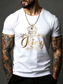 Camiseta de hombre de verano, informal, con estampado de letras y corona, cuello redondo y manga corta - Blanco - Ver 8