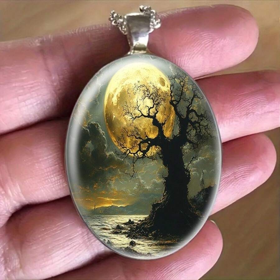 One Moon Tree Scenic Pendant, Mysterious , Romantic Night, Personality Ornament Pendant Necklace Oval Alloy Glass Pendant Romantic Fashion Jewelry Accessories Ideal For Christmas Gifts, Mother's Day Gifts, Father's Day Gifts, Valentine's Day Gifts, Daily Wear - 1 cái - Xem 1