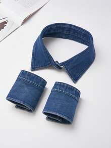 Blue & Black Casual Washed Denim Detachable Pointed Collar - Denim Fake Collar - View 12