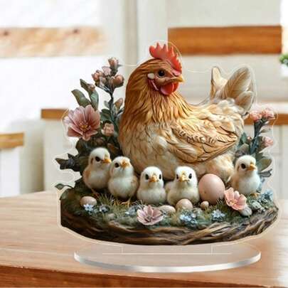1件2D平面波西米亚风格亚克力母鸡和小鸡雕像，动物主题装饰，适用于家居、办公室、卧室，多功能桌面艺术品，感恩节装饰品
