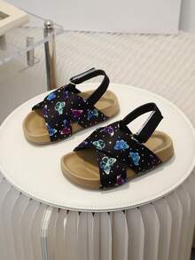 儿童时尚百搭休闲凉鞋，女童软底舒适印花可爱魔术贴凉鞋，幼儿学步鞋 - 黑色 - 查看 2