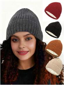 1pc Unisex Thick Ribbed Knit Beanie Hat, Satin Lined, Solid Color, Warm Autumn/Winter Accessory, Fashionable Couple Style - Multicolor - View 1