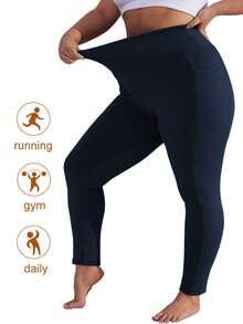 Calça Legging de Yoga Feminina Plus Size com Cintura Alta, Vários Bolsos e Cor Sólida - Calça Esportiva Modeladora e com Controle Abdominal - Macia, Respirável, Elástica e Confortável - Ideal para Yoga e Fitness - Dark Blue - Ver 4