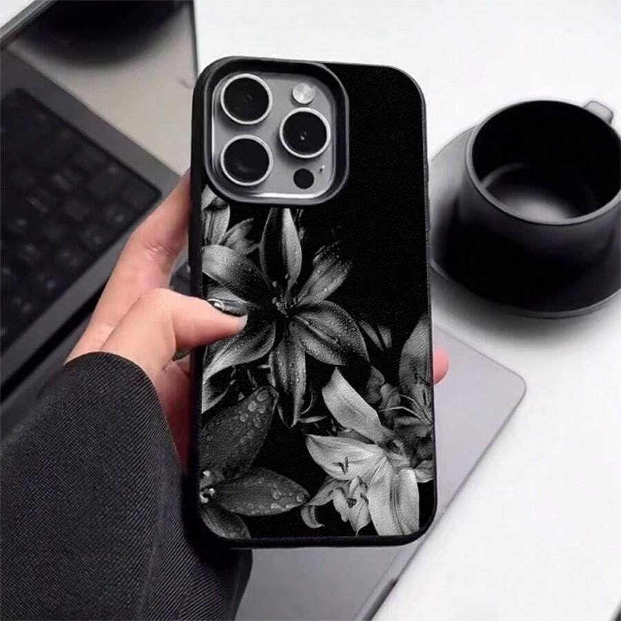 1个TPU材质冷色调黑色百合花图案手机壳，兼容 17 Pro Max/17/16 Pro Max/15/13/12/11、S20 FE/A15/S24/A55，兼容红米Note 11/12/13 Pro，全包防震软壳保护套，国际版，非国内版 - 黑色 - 查看 1