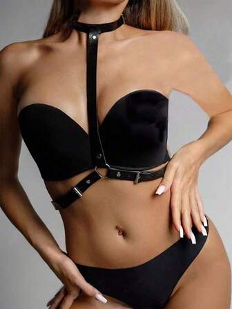 1PC Black PU Leather Body Harness For Women - Adjustable Straps Fashion Suspenders, Gothic Equestrian Corset Belt For Party, Rave, And Daily Outfits