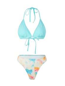 Women's Fashion Tie-Dye Elegant Halter Tie Bikini 4-Piece Set, Comes With Coverup And Skirt, Spring/Summer - Mint Blue - View 6