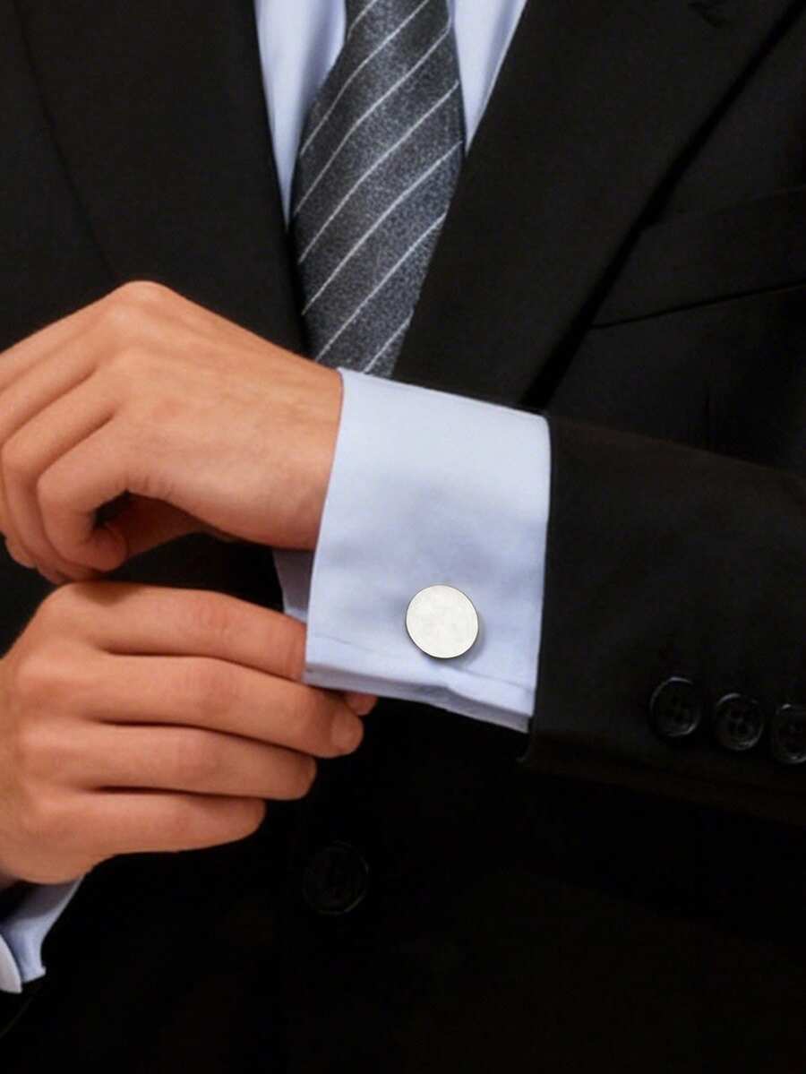 1 Pair Fashionable Minimalist Solid Color Stainless Steel Round Cufflinks, Suitable For Business Shirts, Suits, Weddings, Gifts For Boyfriend, Holidays, Birthdays
