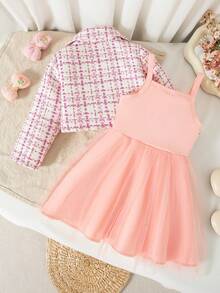 2pcs Baby Girls Cute Princess Style Pink Plaid Collar Jacket & Pink Bow Tulle Strap Dress Outfit, Autumn/Winter - Pink - View 2