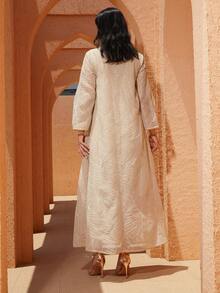 女士优雅V领刺绣网纱长袖卡夫坦连衣裙 - NC78 - 查看 7