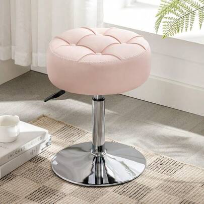 Adjustable Stool 360°Swivel Vanity Chair For Makeup Room Pink Faux Leather Stool For Bathroom And Living Room