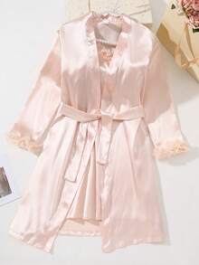 2pcs Girls Sleeveless Nightgown With Robe Set, Pink Satin Lace Trim - Pink - View 3