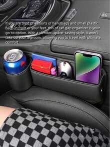 1个可调节汽车座椅缝隙储物盒，带杯架，真皮材质，汽车座椅缝隙填充物，多功能汽车杯架缝隙储物袋