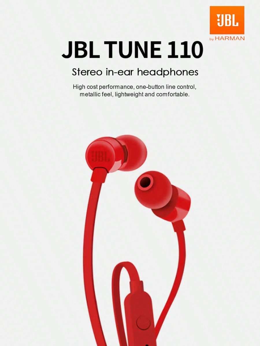 JBL T110 Wired Earphone With 3.5mm Interface For Gaming PC And Cellphone Calling, In-Ear Stereo Earbuds Headset - Red - View 1