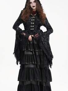 Devil fashion 骷髅提花蕾丝流苏连帽喇叭袖哥特式深色连帽夹克 - 黑色 - 查看 4