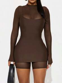 女士休闲棕色半透明圆领长袖两件套连衣裙短裤套装（春季款） - 棕色 - 查看 13