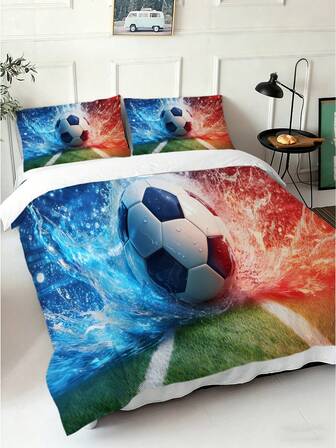 Juego de funda nórdica con estampado de balón de fútbol 2D (1*Funda nórdica + 2*Fundas de almohada, sin relleno), Funda nórdica con patrón dinámico de fútbol, Temática deportiva enérgica, Reduce la fatiga visual, Adecuado para uso en el hogar, dormitorio y habitación de invitados