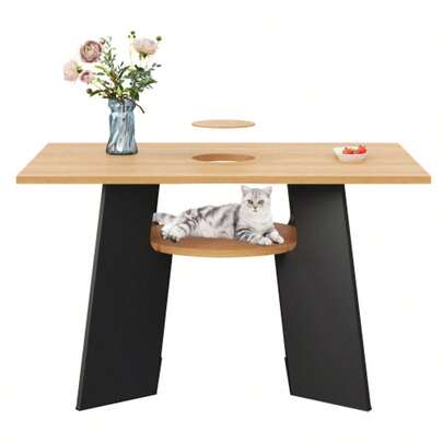 Pet-Friendly Dining/Kitchen Table With Pet Area And Shelf, Rectangular For 6 People (130*85*75 Cm), Natural Wood-Black Mix