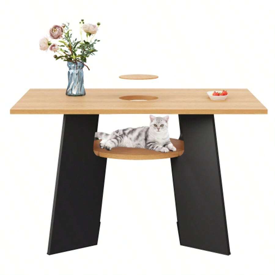 Pet-Friendly Dining/Kitchen Table With Pet Area And Shelf, Rectangular For 6 People (130*85*75 Cm), Natural Wood-Black Mix - Black - View 1