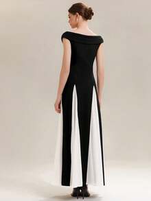 EVERPRETTY 优雅V领无袖黑白伴娘礼服，柔软有弹性，正式婚礼派对宾客礼服 - 黑與白 - 查看 5