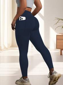 Quần legging bó sát cạp cao, không xuyên thấu, có túi dành cho nữ cỡ lớn, quần legging thể thao cạp cao dáng lửng có túi, quần chạy bộ bó sát, quần thể thao mùa xuân. - Màu xanh hải quân - Xem 5