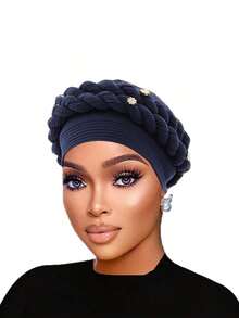 1 Pc Fashionable Crinkle Brim Dual Braided Head Wrap Hat/Turban, Suitable For Casual Wear And Mother's Day Gift - 皺褶辮子帽 - 查看 18