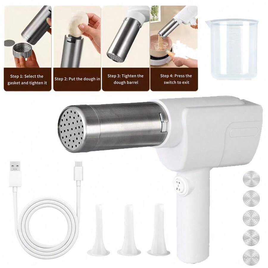 Portable Noodle Maker, Stainless Steel Electric Pasta Maker With 5 Pasta Discs, Handheld Electric Pasta Maker For Spaghetti Lasagna - Blanco - Ver 1