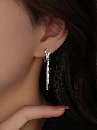 1 Pair S925 Sterling Silver Knot Long Tassel Earrings, Minimalist Design, Versatile For Daily Wear, Unique Gift