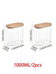 1pc/2pcs Transparent Airtight Jars With Bamboo Lids, Large Capacity Food Storage Containers, Kitchen Organization Canisters, Suitable For Grains, Rice, Pasta, Snacks And More