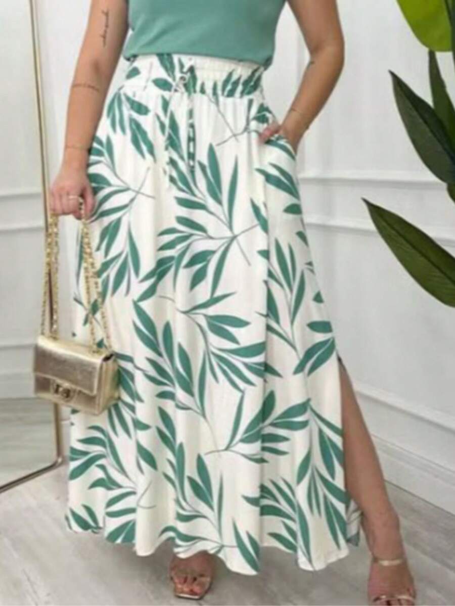 Long, Printed Viscose Skirt, Lined, High Waist With Pockets And Side Slits. - 橄欖綠 - 查看 1