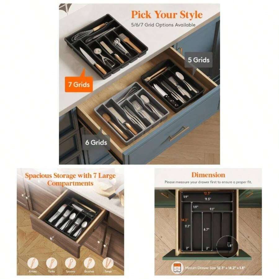 Silverware Tray, Cutlery Drawer Organizer Storage Kitchen, Plastic Flatware Utensil Holder Divider Spoons Forks Knives Tableware, 4 Compartment, Black - 12,3 x 14,2 inch (7 khe cắm) + Đen - Xem 1