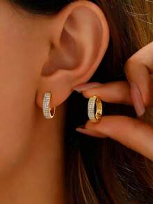 1 Đôi bông tai 3 hàng đính đá Zirconia, chất liệu bạc S925, kiểu dáng tối giản, trang sức cao cấp dành cho nữ, quà tặng ngày lễ/sinh nhật, phù hợp cho nữ giới đeo hàng ngày. - Ba hàng khuyên tai kim cương - Xem 2