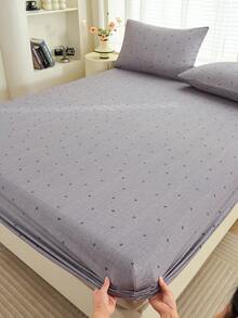 1件灰色条纹心形几何图案床垫保护套，柔软透气床笠套装，适用于单人床、双人床、大号床、特大号床，最大床笠深度达11.8英寸，家用纺织品，适用于学校、宿舍、床上用品，抗皱，提升睡眠质量，可机洗 - 灰色 - 查看 2