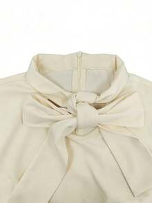 Women's Tie Collar Solid Color Elegant Long Sleeve Midi Dress Spring - Apricot - View 3