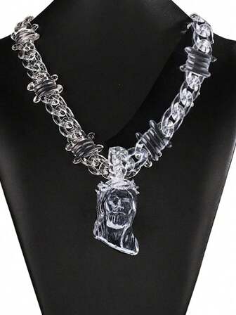 1pc Jesus Portrait Pendant Necklace With Transparent Multicolor Acrylic Thorn Chain, Suitable For Men
